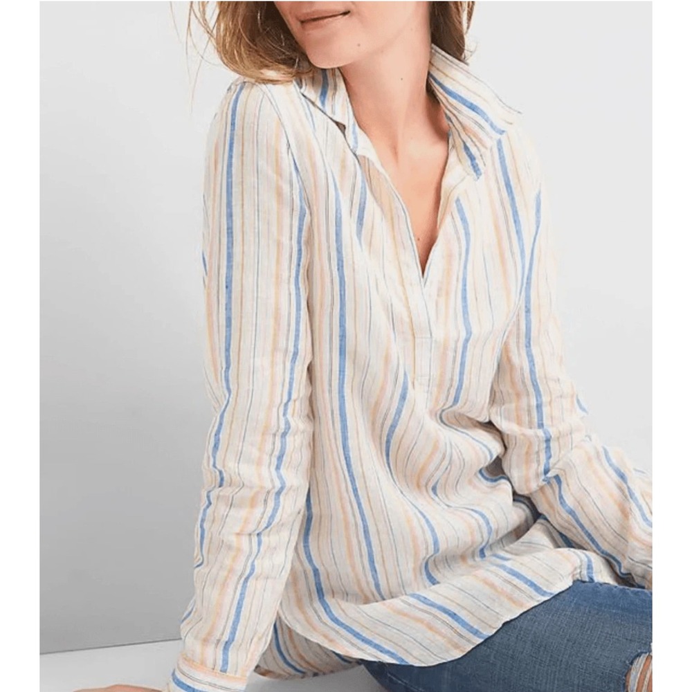 Gap Multicolor‎ Stripe Boyfriend Tunic Shirt Size XS Rainbow 100% Linen Beach